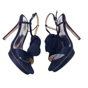 Badgley Mischka Black Adele Flower Ankle Strap Heels Shoes Women's Size 8